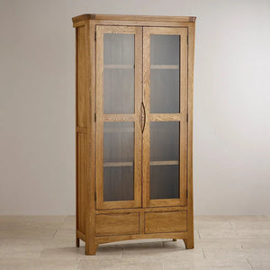 Renwick Rustic Solid Oak Glazed Display/Bookcase Cabinet - Oak Furniture Store & Sofas