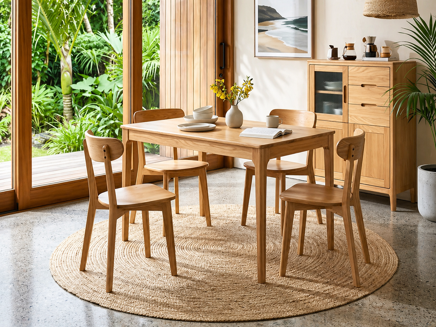 Solid oak dining table and chairs in a modern New Zealand home oak furniture store