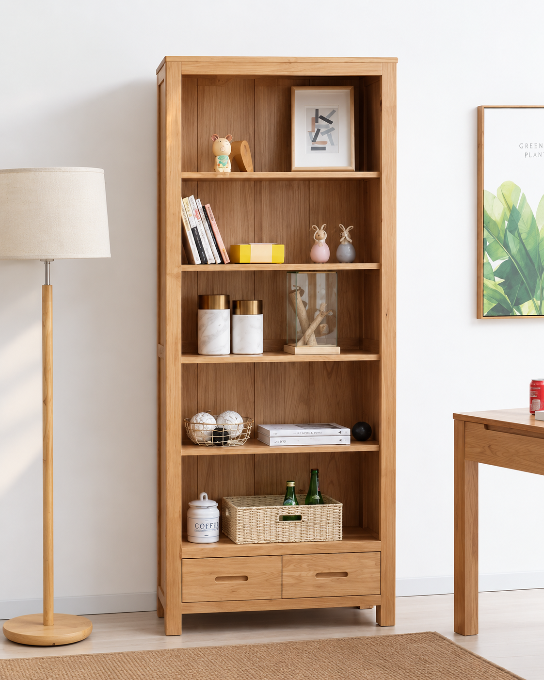 Natural oak tall bookcase with open shelves and lower drawers in a bright home office - Oak Furniture Store