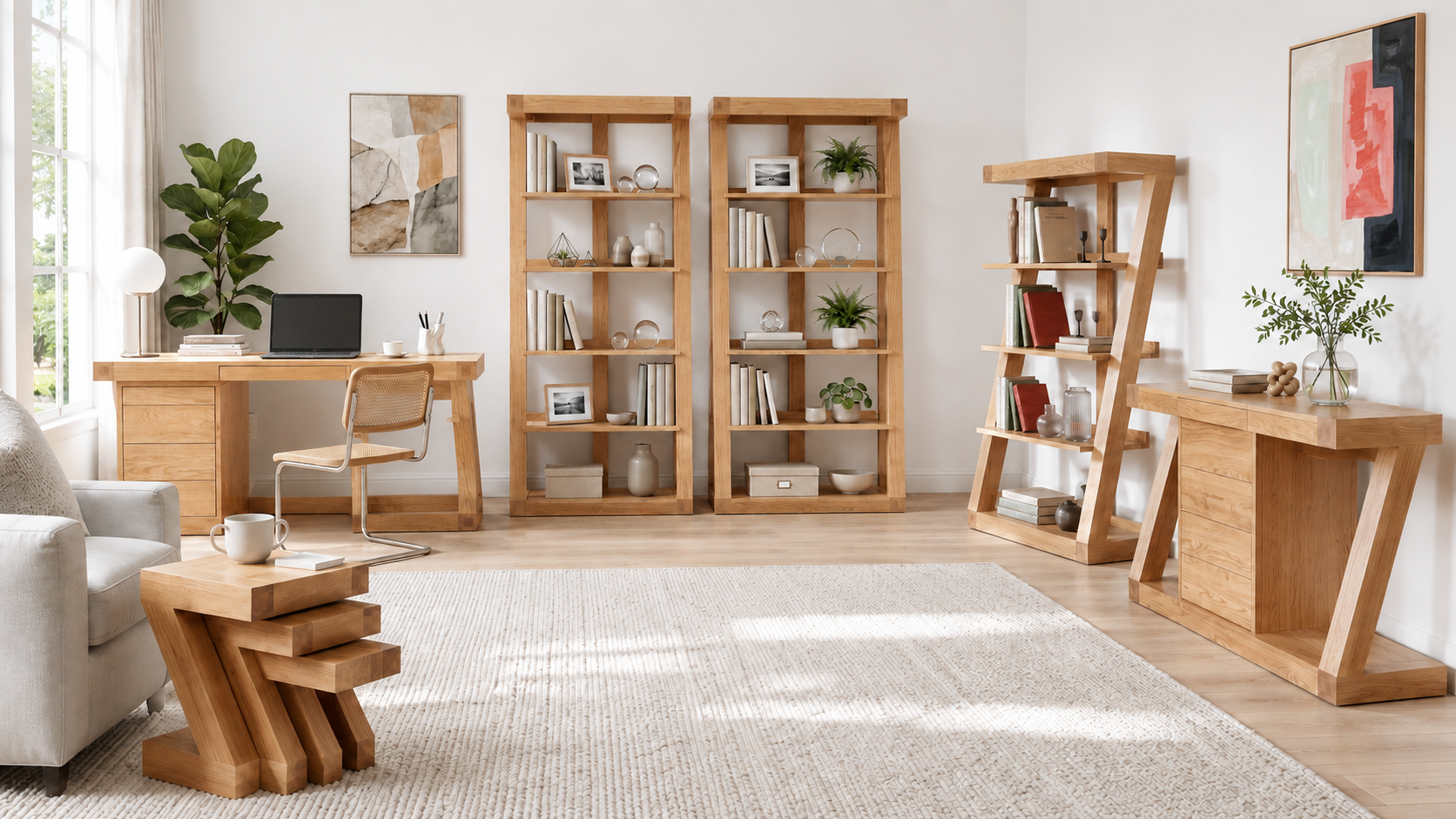 Zetland Natural Solid Oak furniture collection with matching solid oak bookshelves, work station, sideboard and nest of tables in a bright modern home office and living room.