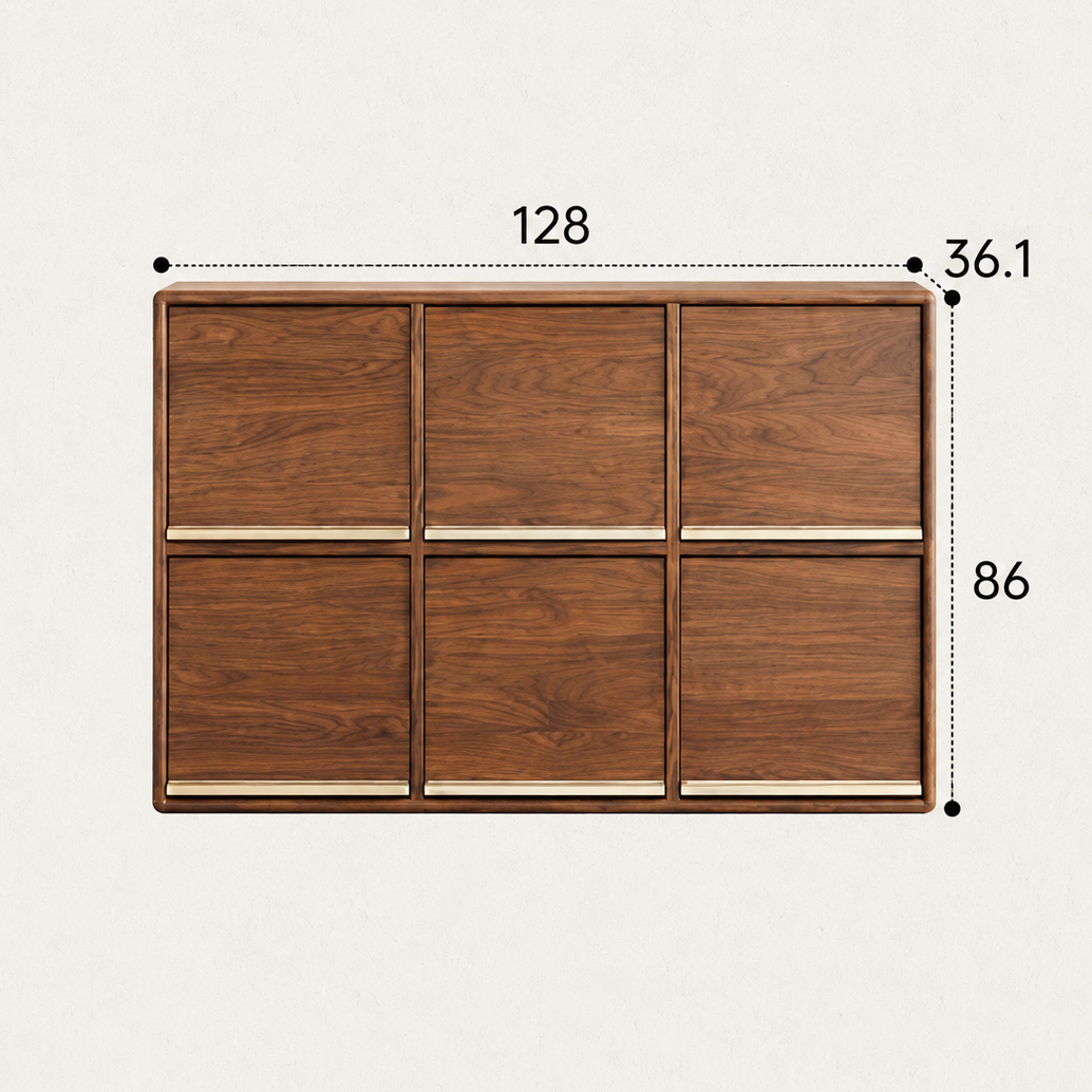 6-compartment walnut storage cabinet measuring 128 cm wide, 86 cm high and 36.1 cm deep