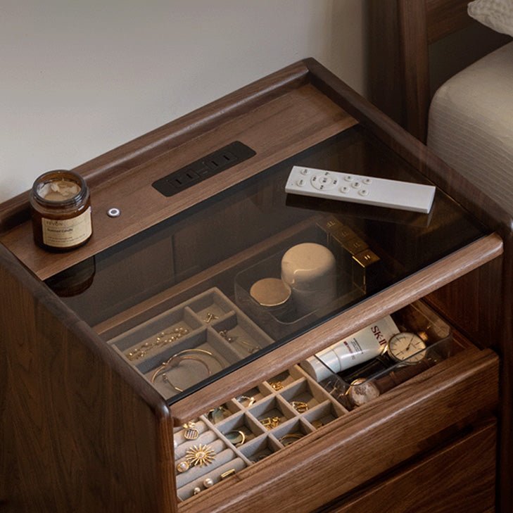 Achen Natural Solid Oak Bedside Table in Walnut Colour - Oak Furniture Store