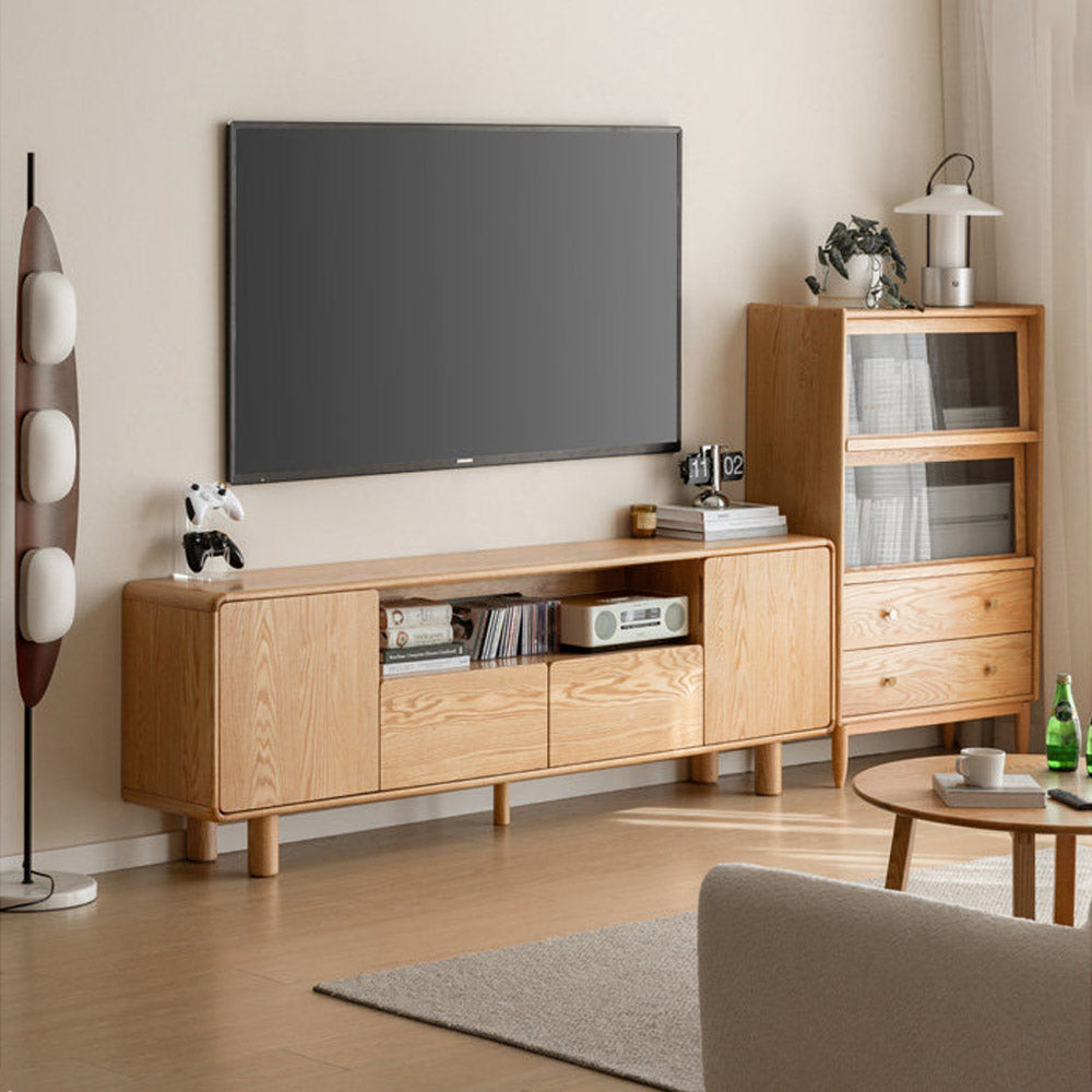 Alia natural solid oak tall entertainment unit with drawers and cabinets