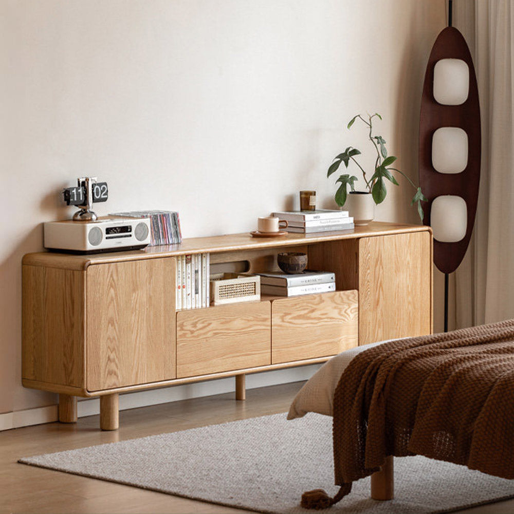 Alia natural solid oak tall entertainment unit with drawers and cabinets