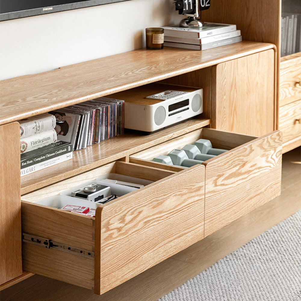 Alia natural solid oak tall entertainment unit with drawers and cabinets