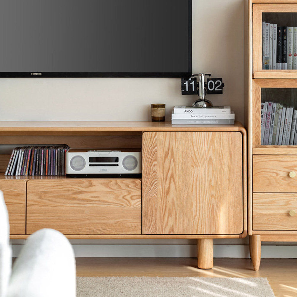 Alia natural solid oak tall entertainment unit with drawers and cabinets