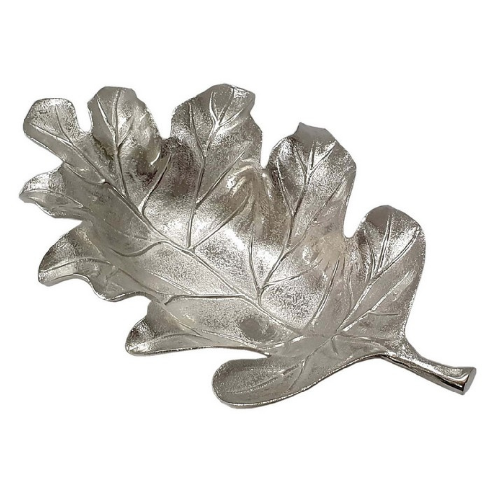 Silver aluminium oak leaf tray with textured veins and decorative metallic finish