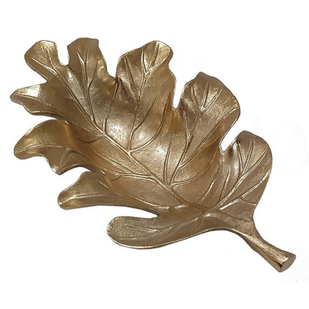 Gold aluminium oak leaf tray with raised vein detail and sculptural decorative shape