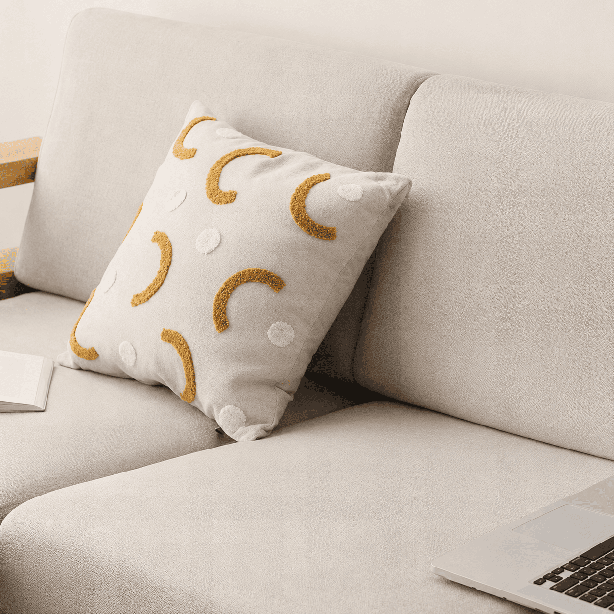 Andenes Natural Solid Oak Sofa with fabric cushions and warm timber frame for lounge room styling