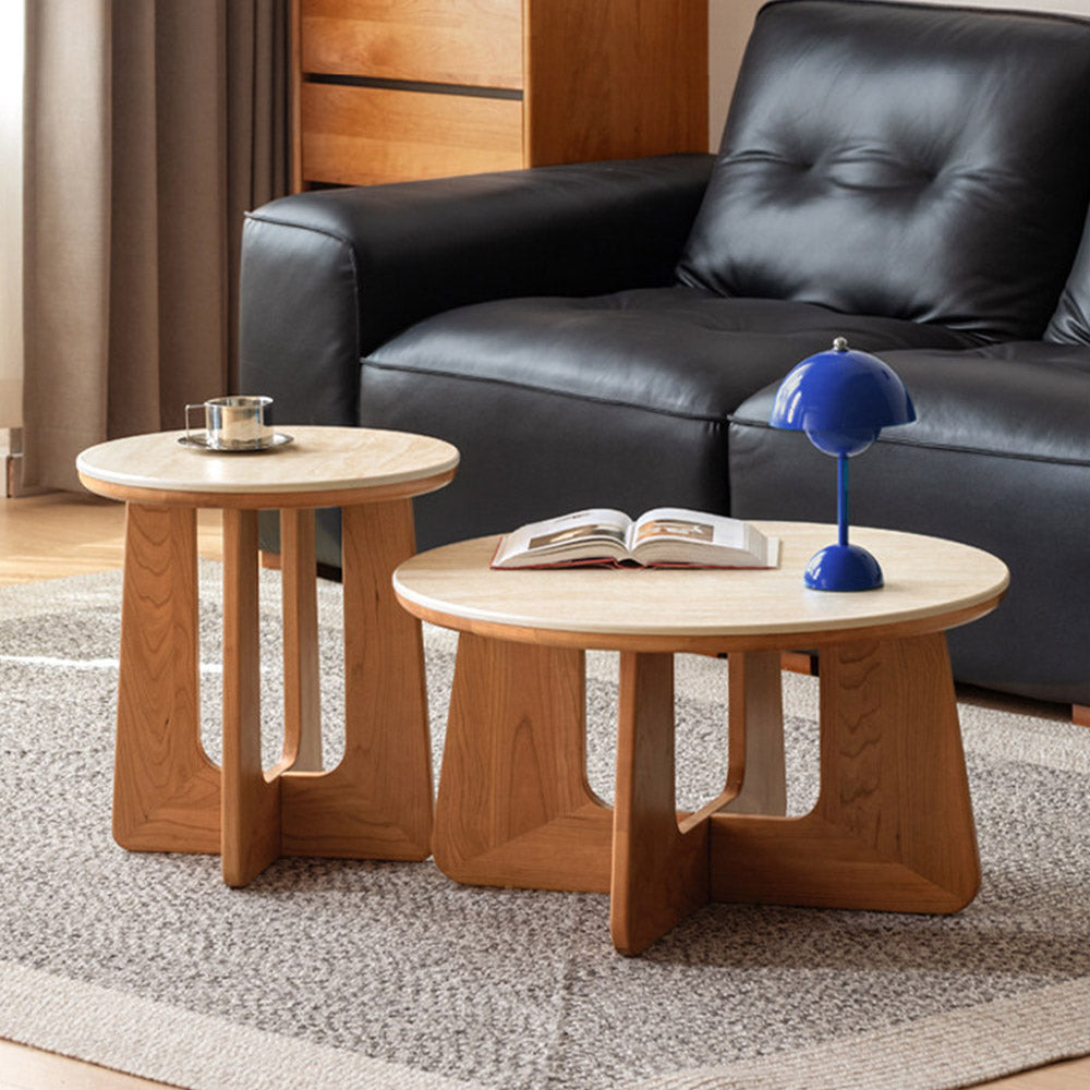 Anela natural solid cherry coffee table set with travertine-look sintered stone top in a modern organic Kiwi living room