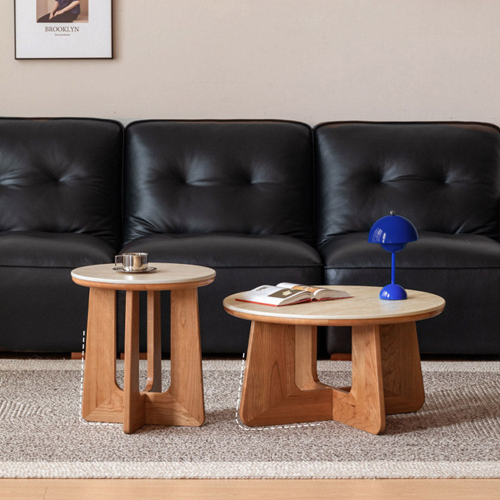 Anela natural solid cherry coffee table set with travertine-look sintered stone top in a modern organic Kiwi living room