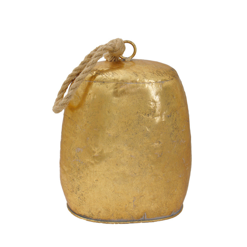 Large antique gold cow bell with distressed metallic finish and rustic jute rope hanger for Christmas decoration