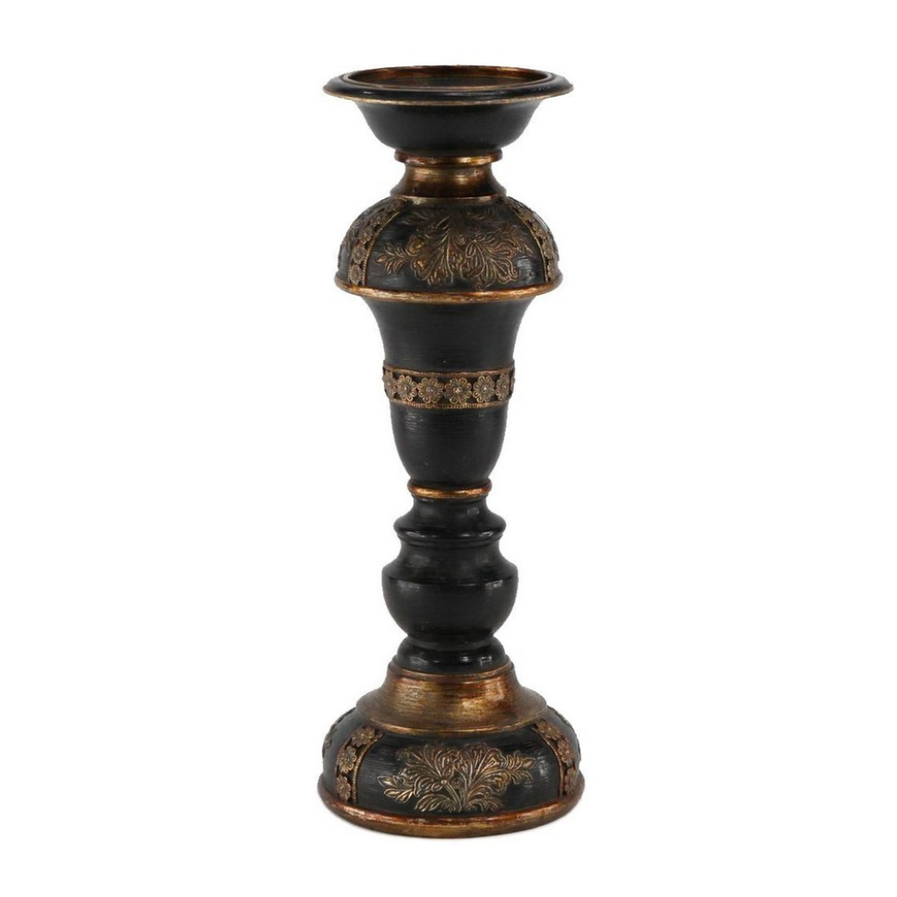 Antiqued black and gold candle holder with ornate floral detailing for classic home décor styling