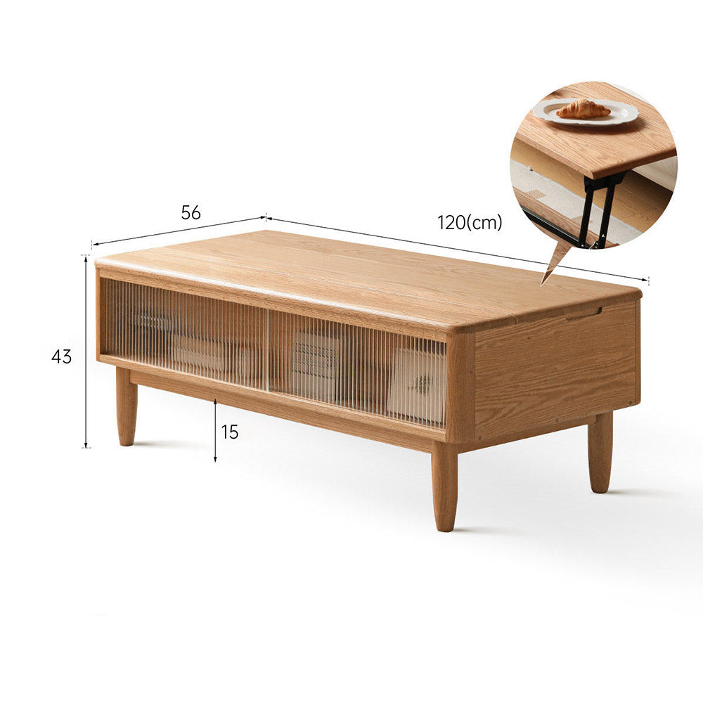 Anzio natural solid oak lift-top coffee table with hidden storage compartment and glass sliding door shelf in a modern living room
