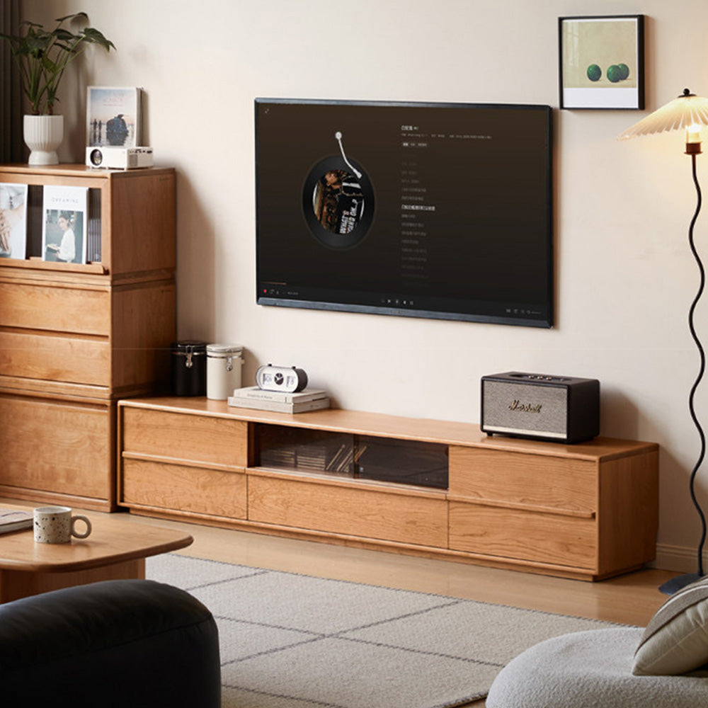 Aurin Natural Solid Cherry Floor Standing Entertainment Unit with LED Light