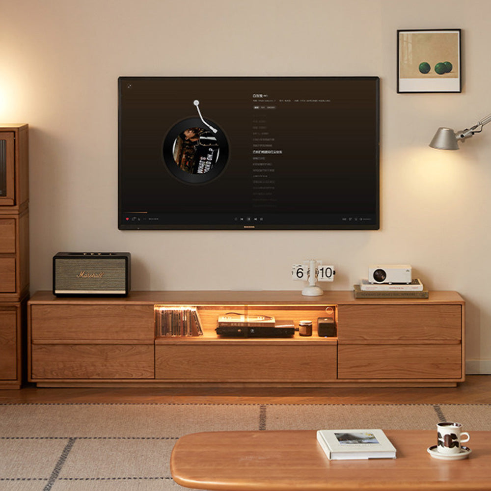 Aurin Natural Solid Cherry Floor Standing Entertainment Unit with LED Light