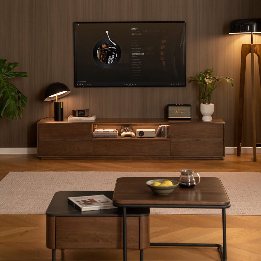 Aurin Solid Walnut Floor Standing Entertainment Unit with LED Light | Oak Furniture Store