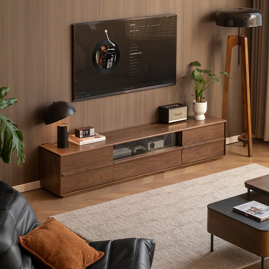 Aurin Solid Walnut Floor Standing Entertainment Unit with LED Light | Oak Furniture Store