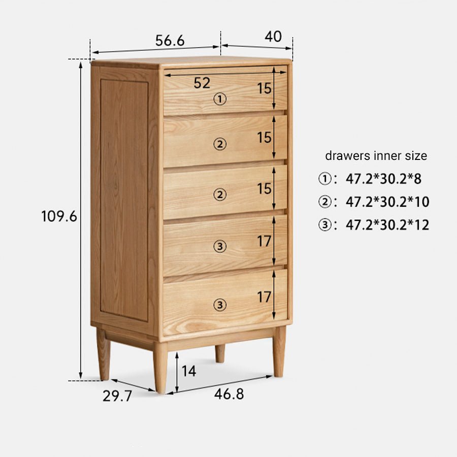 Auzers Solid Ash 5 Drawers Tall boy | Oak Furniture Store