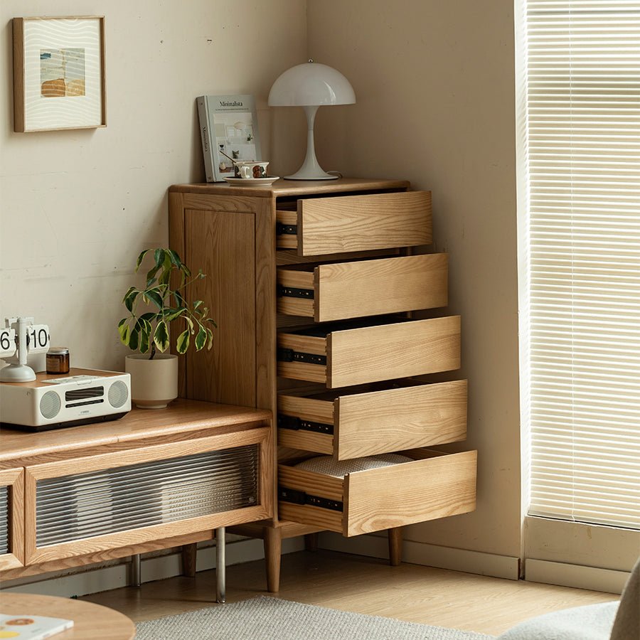 Auzers Solid Ash 5 Drawers Tall boy | Oak Furniture Store