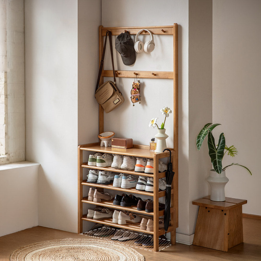 Avola Natural Solid Rubber Wood Shoe Rack with Hooks
