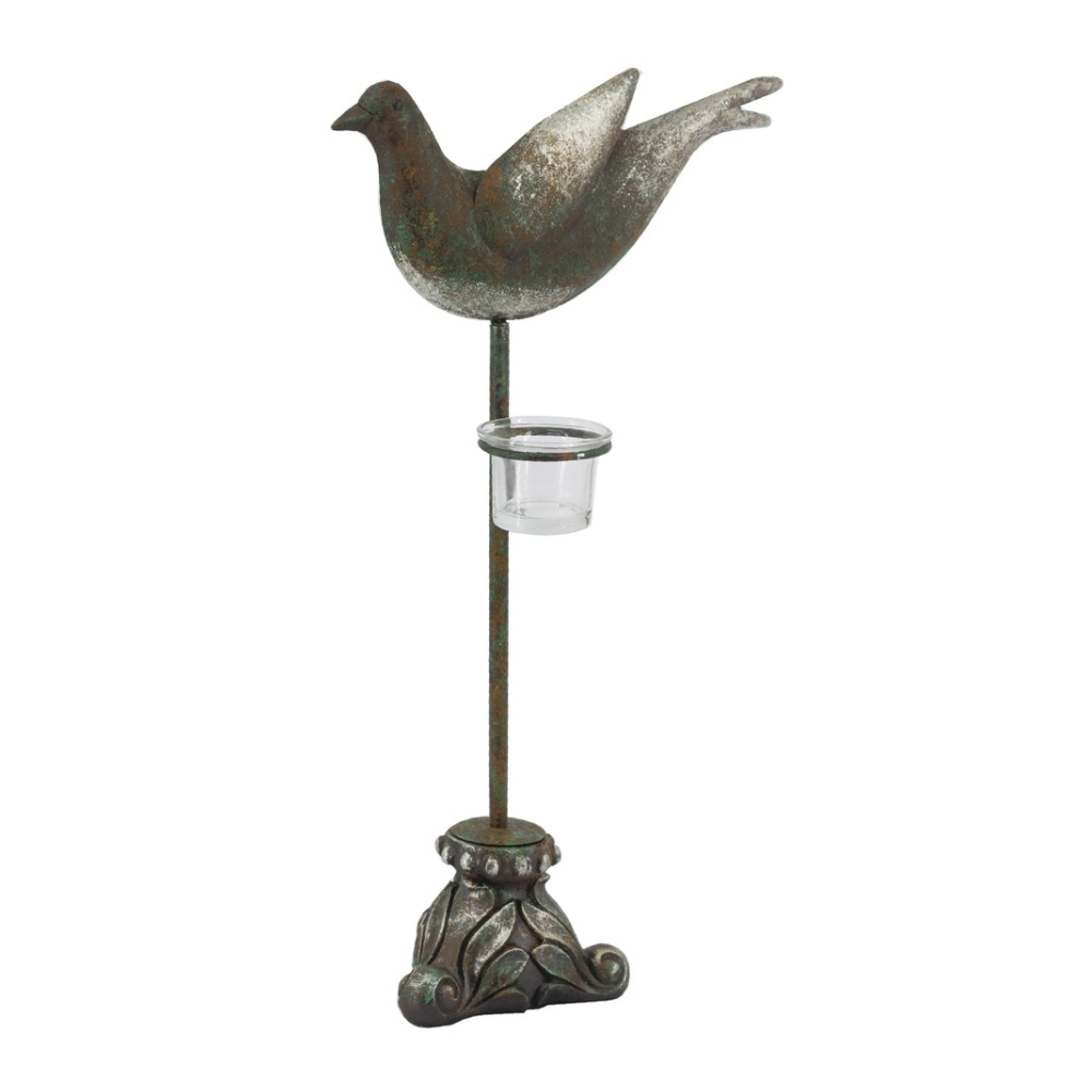Rustic bird tea light candle holder with metal bird design and clear glass candle holder