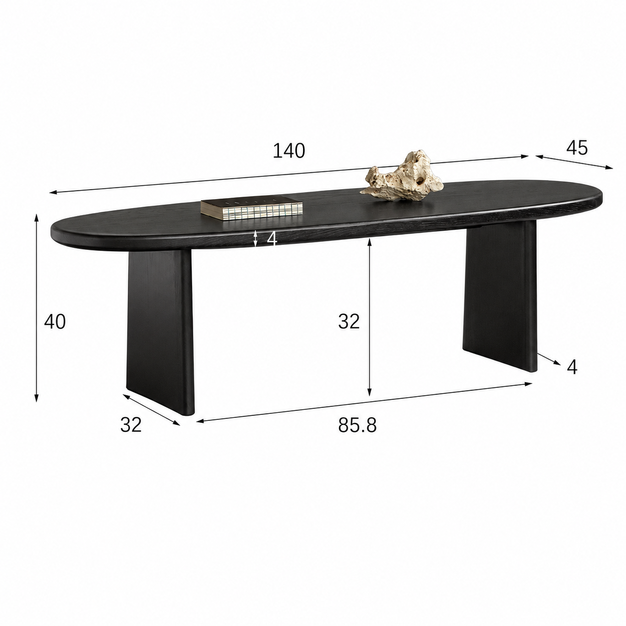 Black ash wood oval coffee table dimensions showing 140 cm width, 45 cm depth and 40 cm height with leg and tabletop measurements.