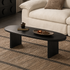 Black ash wood oval coffee table with rounded edges and solid panel legs in a modern living room.