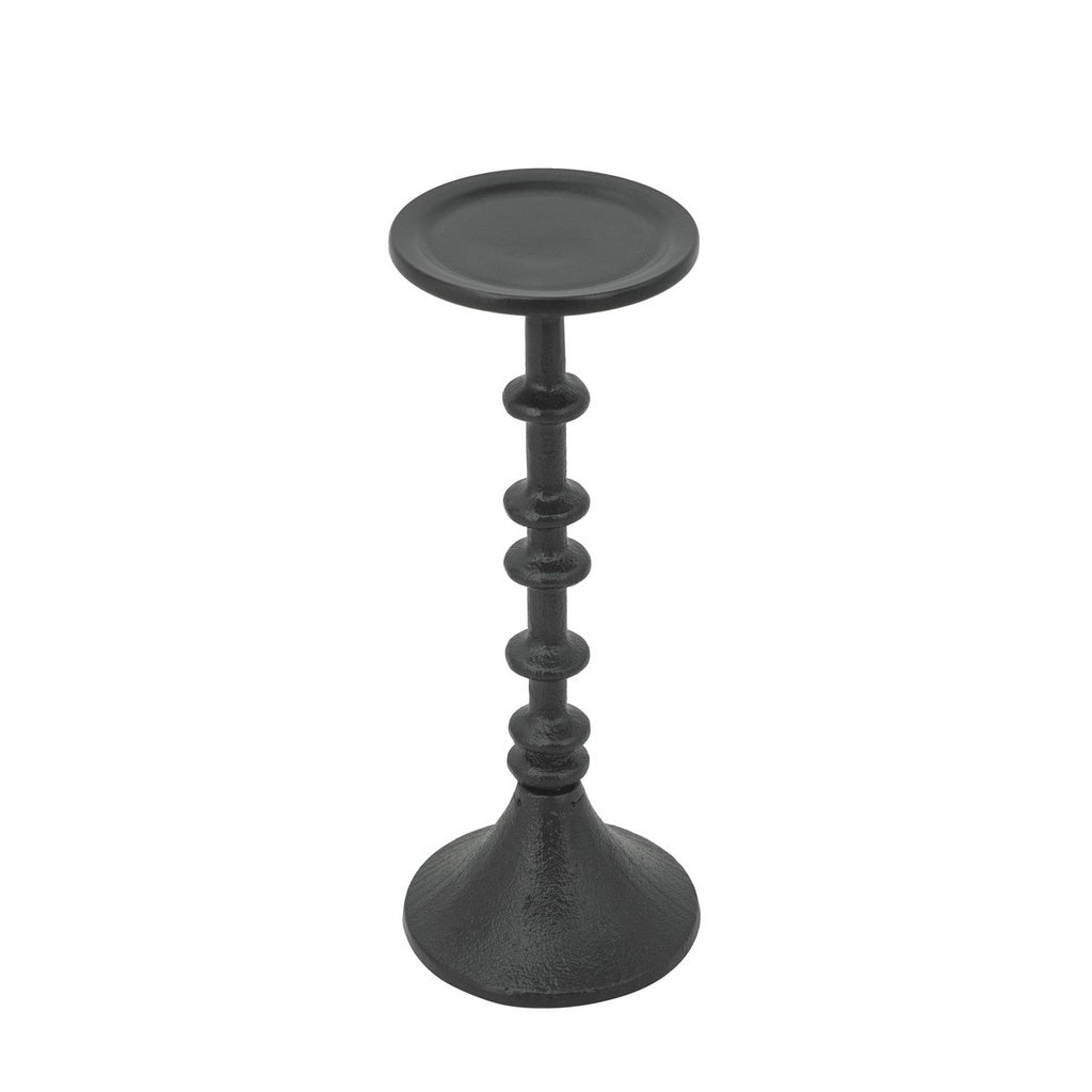 Black candle holder with round tray top and textured stem for modern home décor