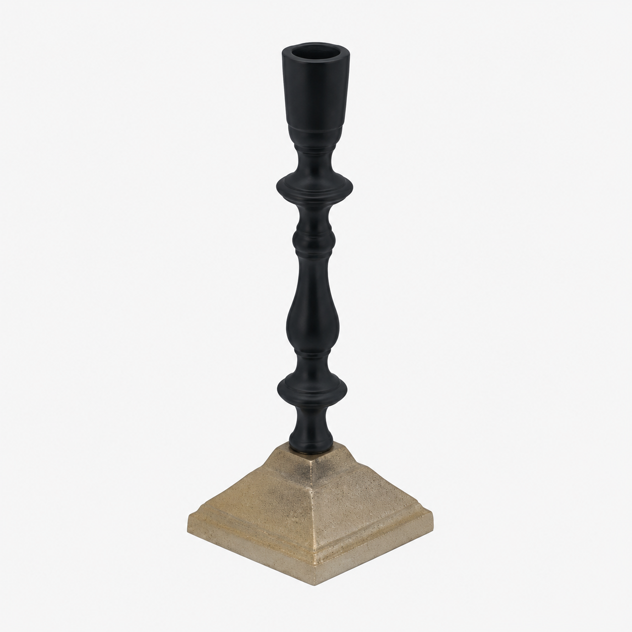 Black and gold candle holder with tall sculptural base for classic living room or dining table décor