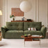 Blancas green chenille sofa with deep cushioned seating and vintage-inspired design in a modern living room.