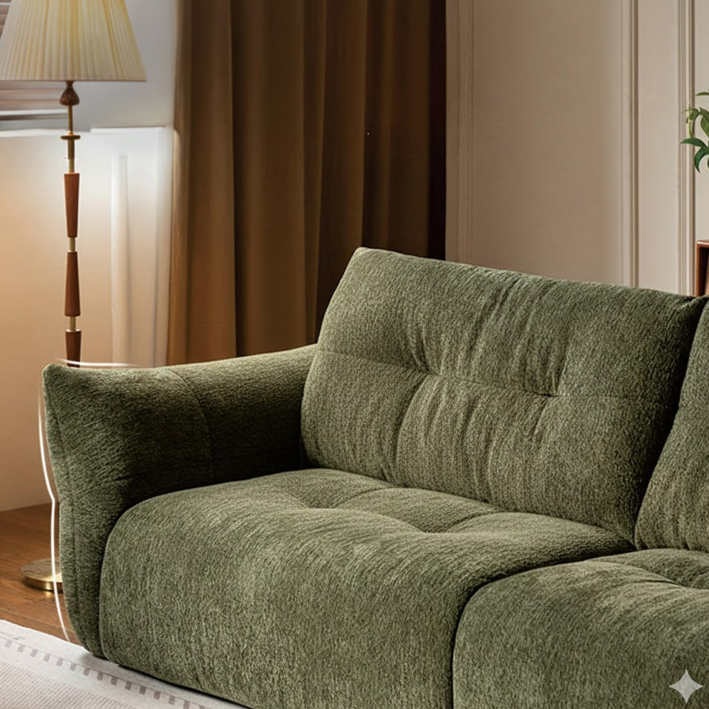 Blancas green chenille sofa with deep cushioned seating and vintage-inspired design in a modern living room.
