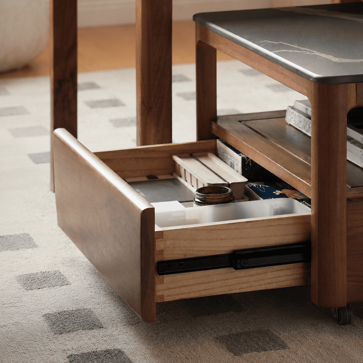 Boise coffee table set with white ceramic tops and solid walnut frame