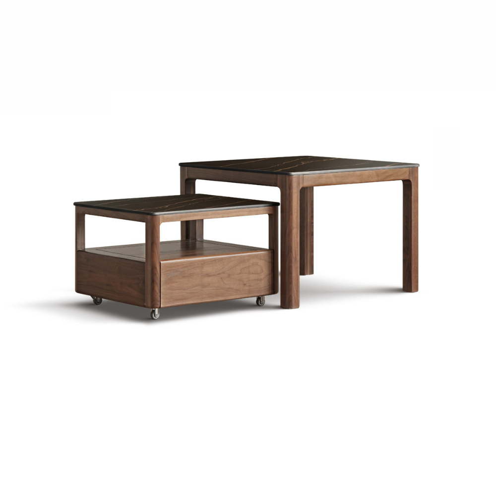 Boise solid walnut coffee table set with white ceramic top on white background