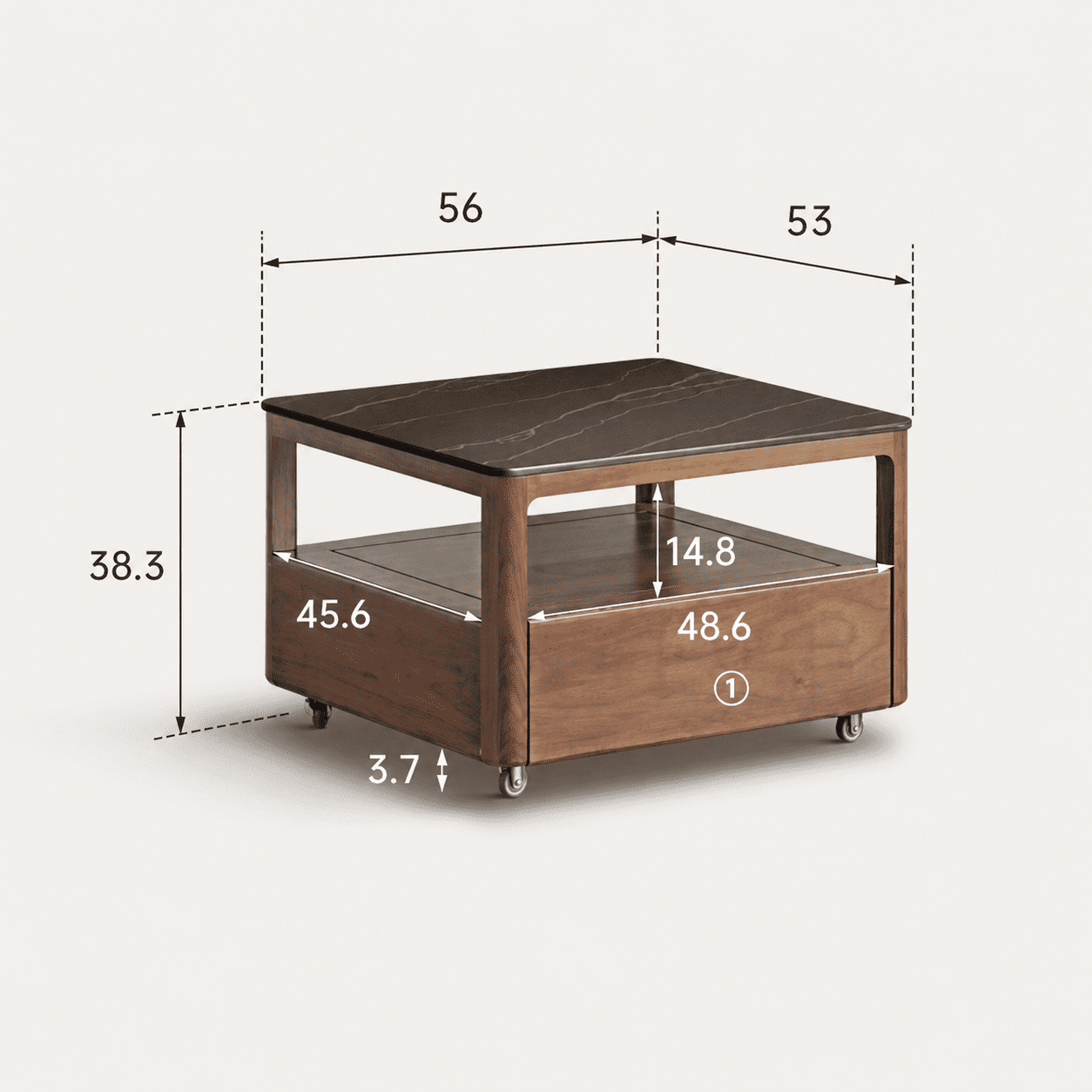 Boise walnut coffee table set with ceramic tops and nested two-piece design