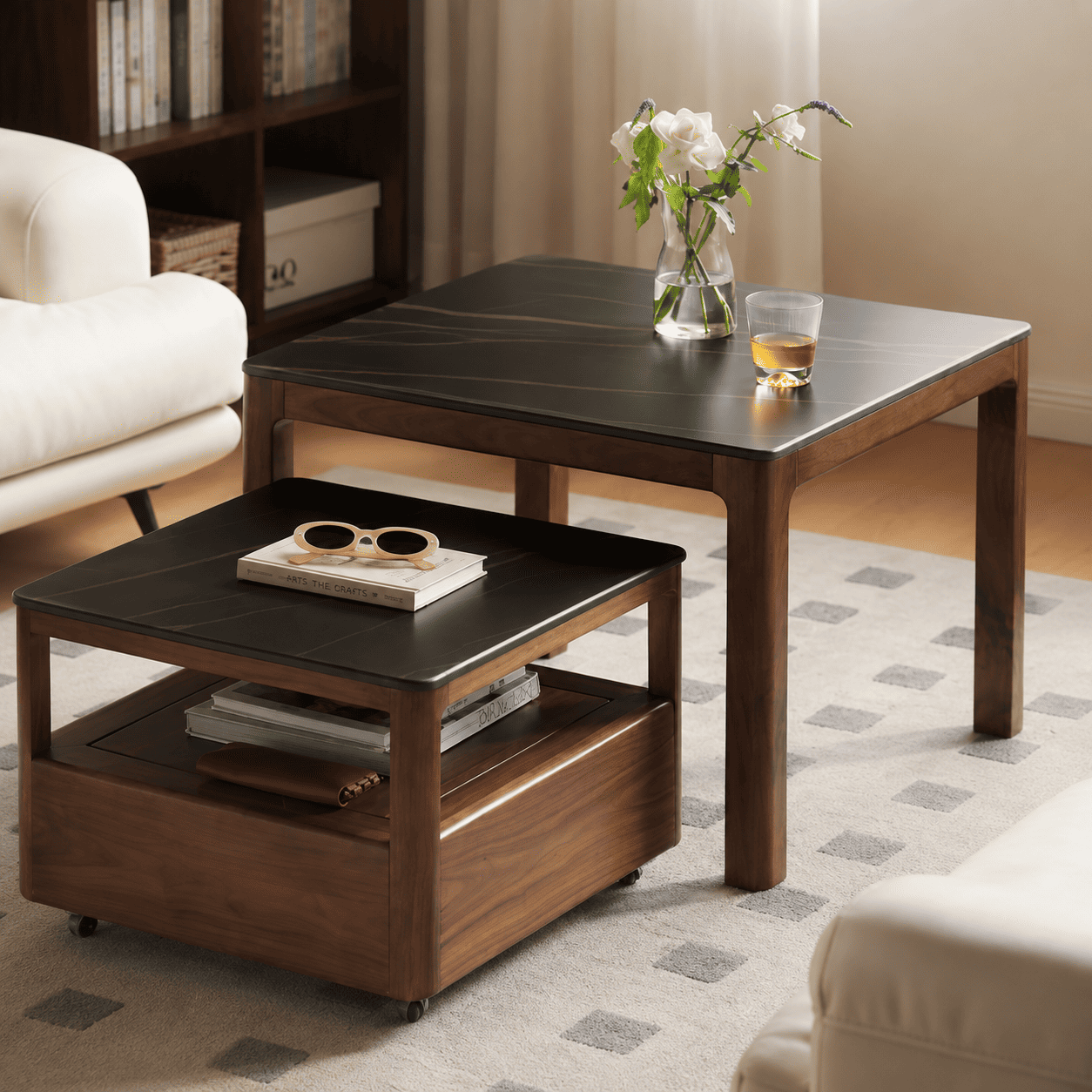 Boise coffee table set with black ceramic top, walnut frame and movable storage table
