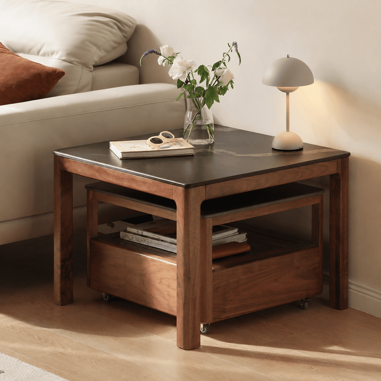 Solid walnut coffee table set with ceramic top and compact lower shelf storage