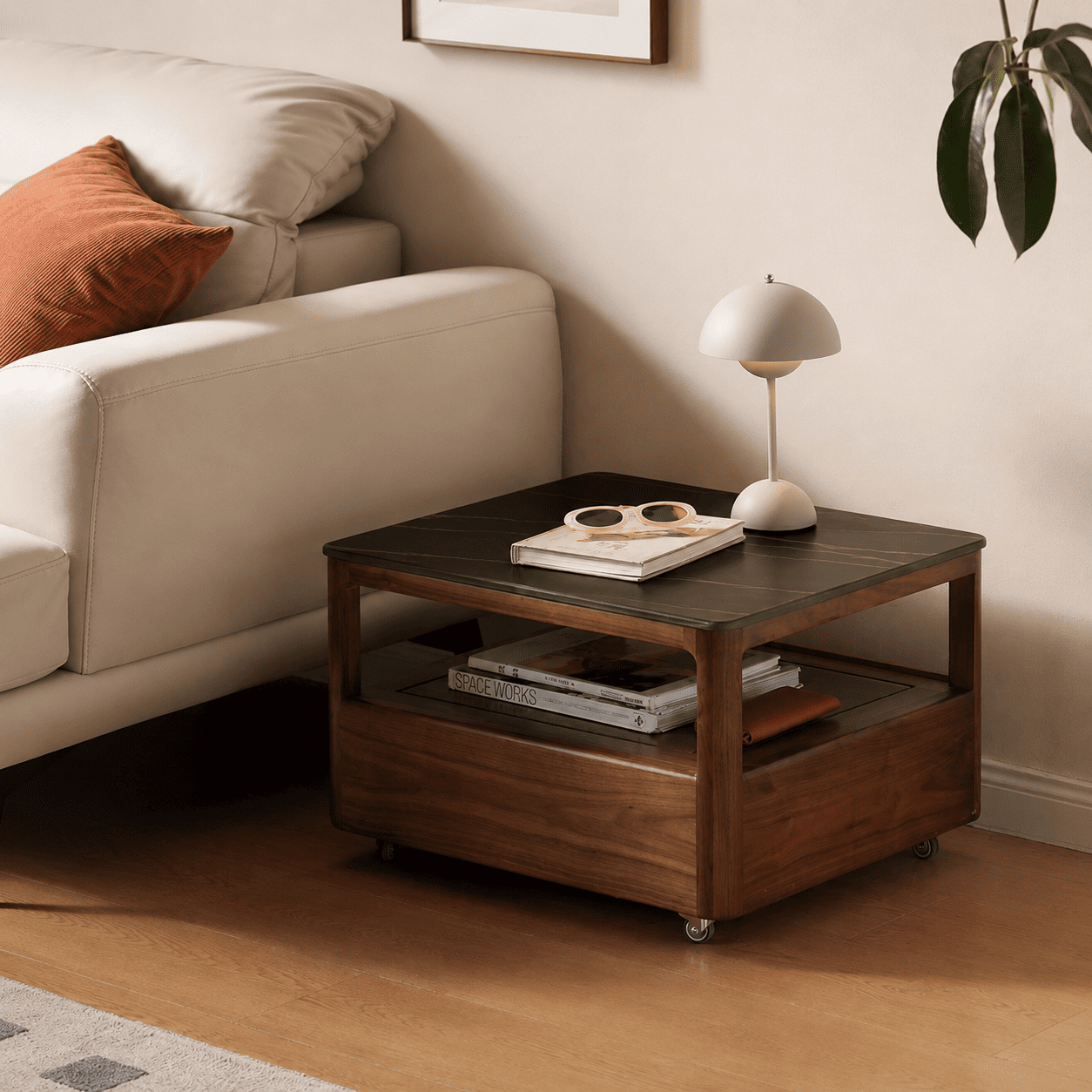 Boise walnut coffee table with pull-out drawer and open storage shelf