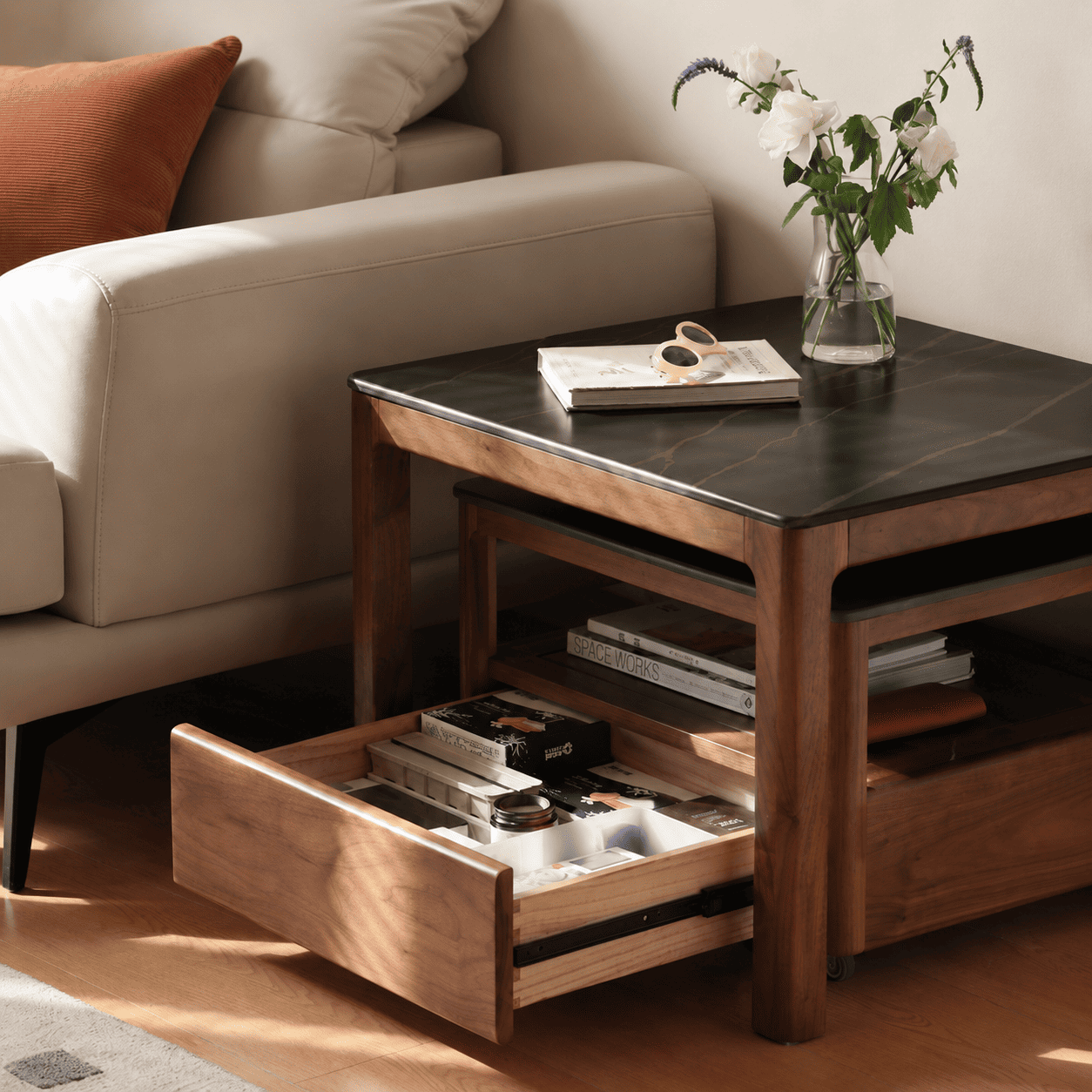 Close-up of Boise coffee table drawer with solid wood runners and storage space