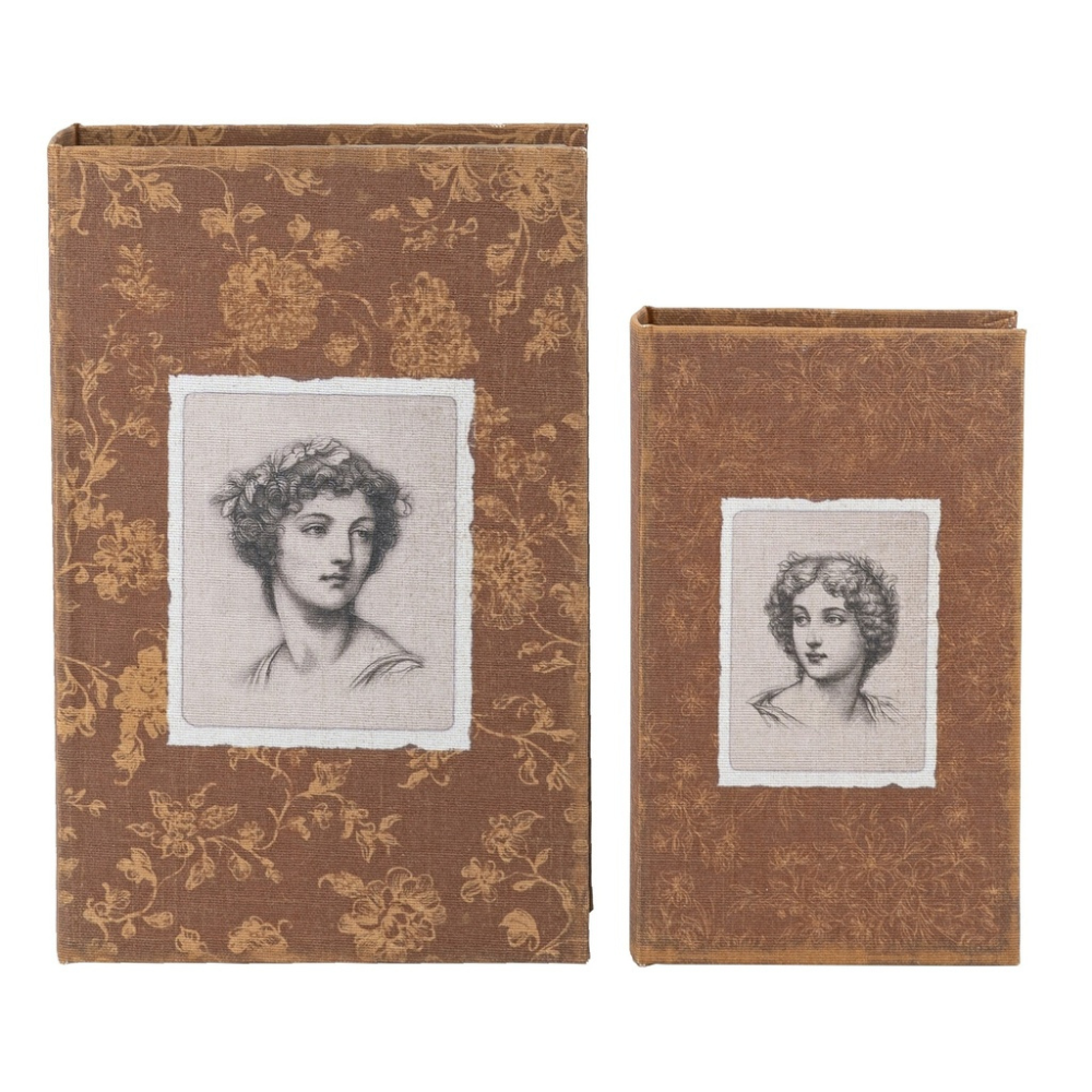 Set of two vintage-style brown book boxes with portrait artwork and floral pattern covers