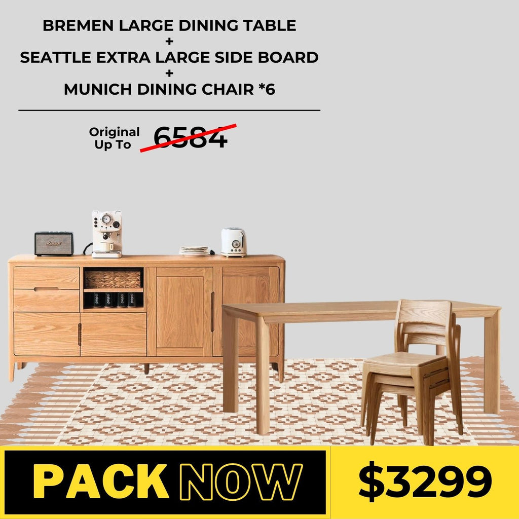 Bremen Solid Oak Dining Table, Seattle Sideboard, and Munich Dining Chair Package - Oak Furniture Store