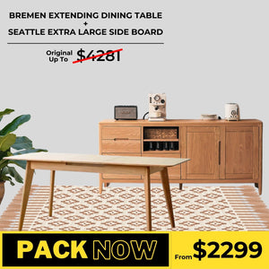 Bremen Solid Oak Extending Dining Table and Seattle Extra Large Sideboard Package - Oak Furniture Store