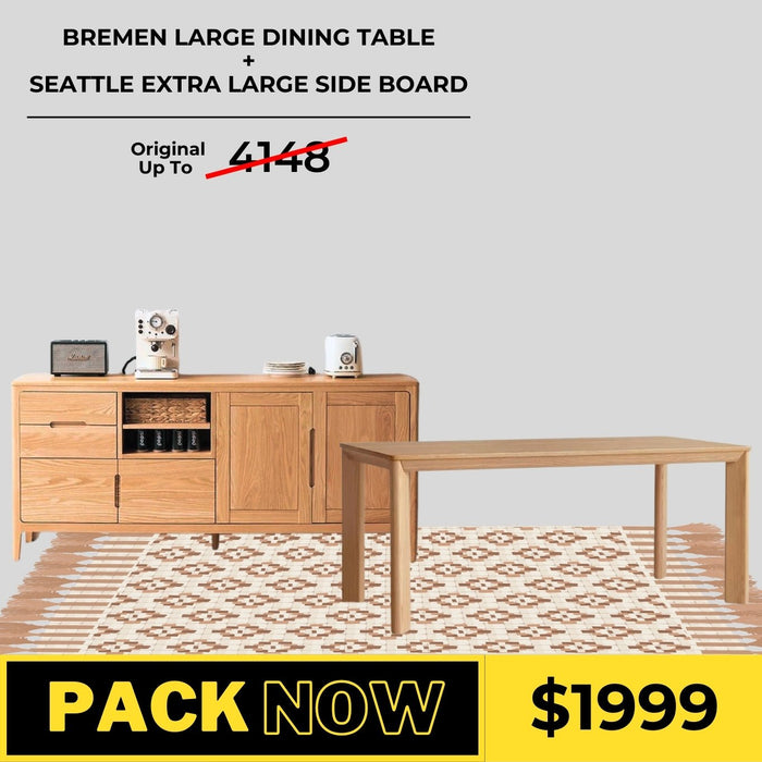 Bremen Solid Oak Large Dining Table and Seattle Extra Large Sideboard Package