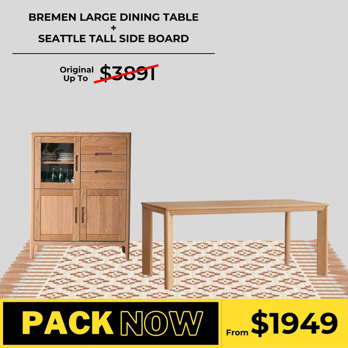 Bremen Solid Oak Large Dining Table and Seattle Tall Sideboard Package