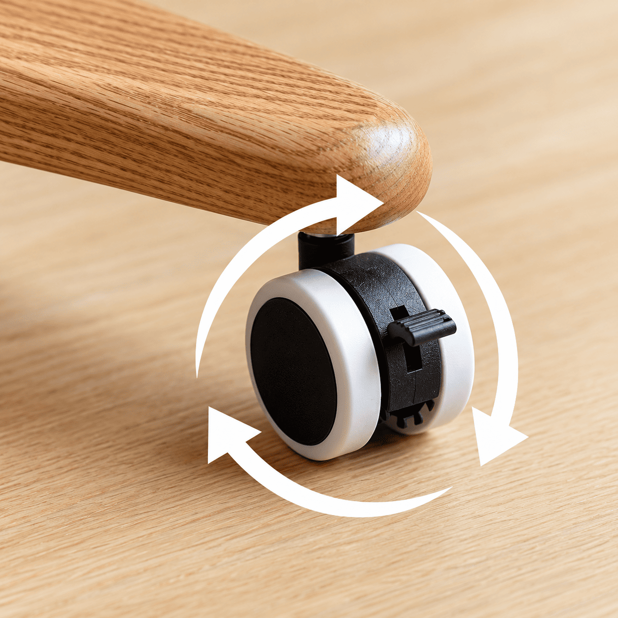 Close up of Cary movable desk caster wheel with locking function and 360 degree movement