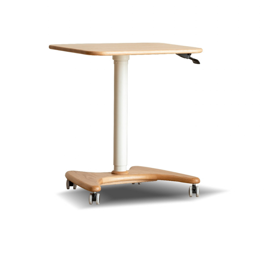 Cary natural solid oak movable small desk on wheels with white adjustable column on white background