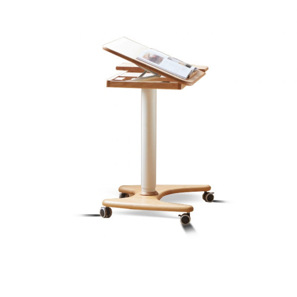 Cary natural solid oak movable small desk with tilted tabletop for reading on white background