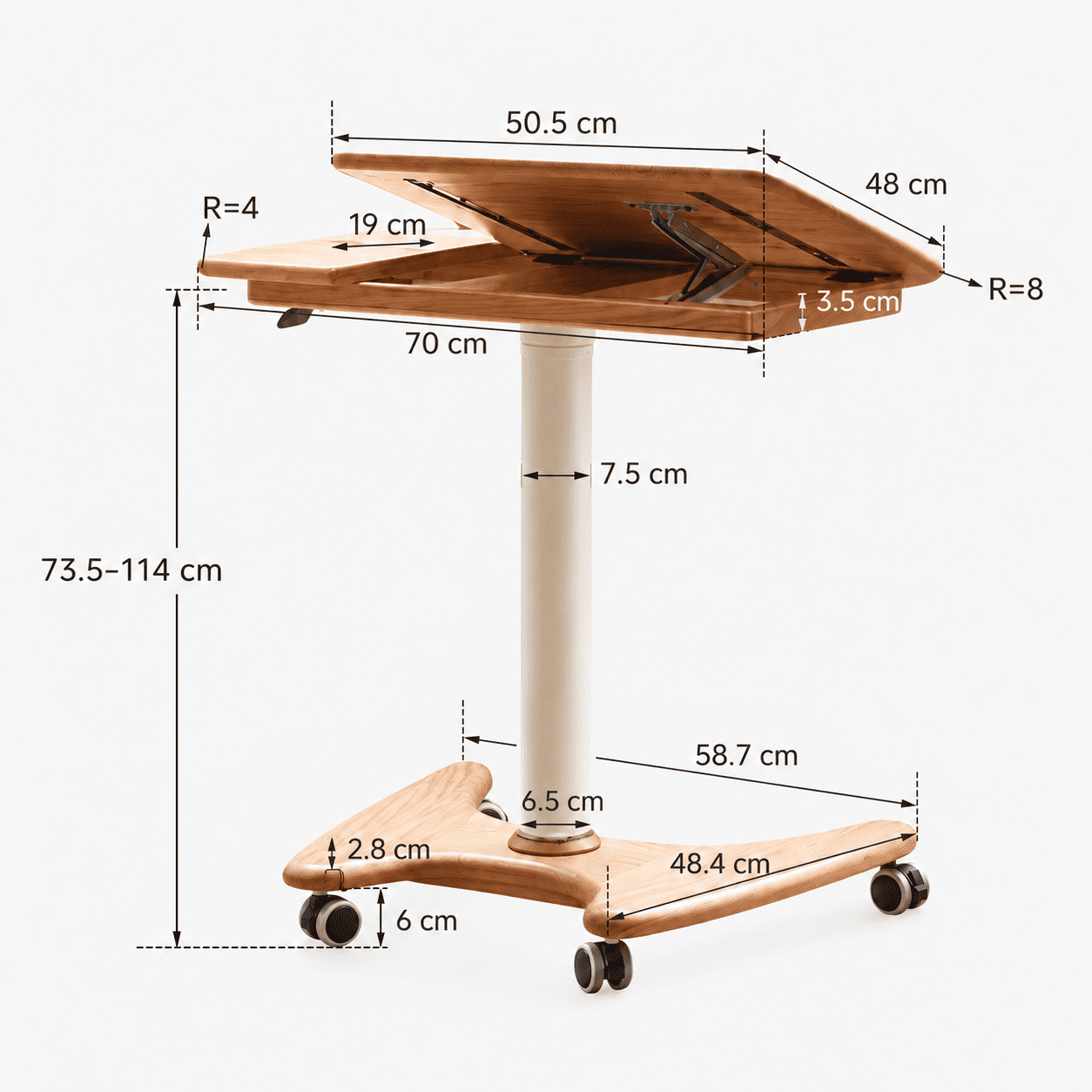 Cary natural solid oak movable small desk dimension image showing tilting tabletop and 73.5cm to 114cm adjustable height