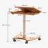 Cary natural solid oak movable small desk dimension image showing tilting tabletop and 73.5cm to 114cm adjustable height