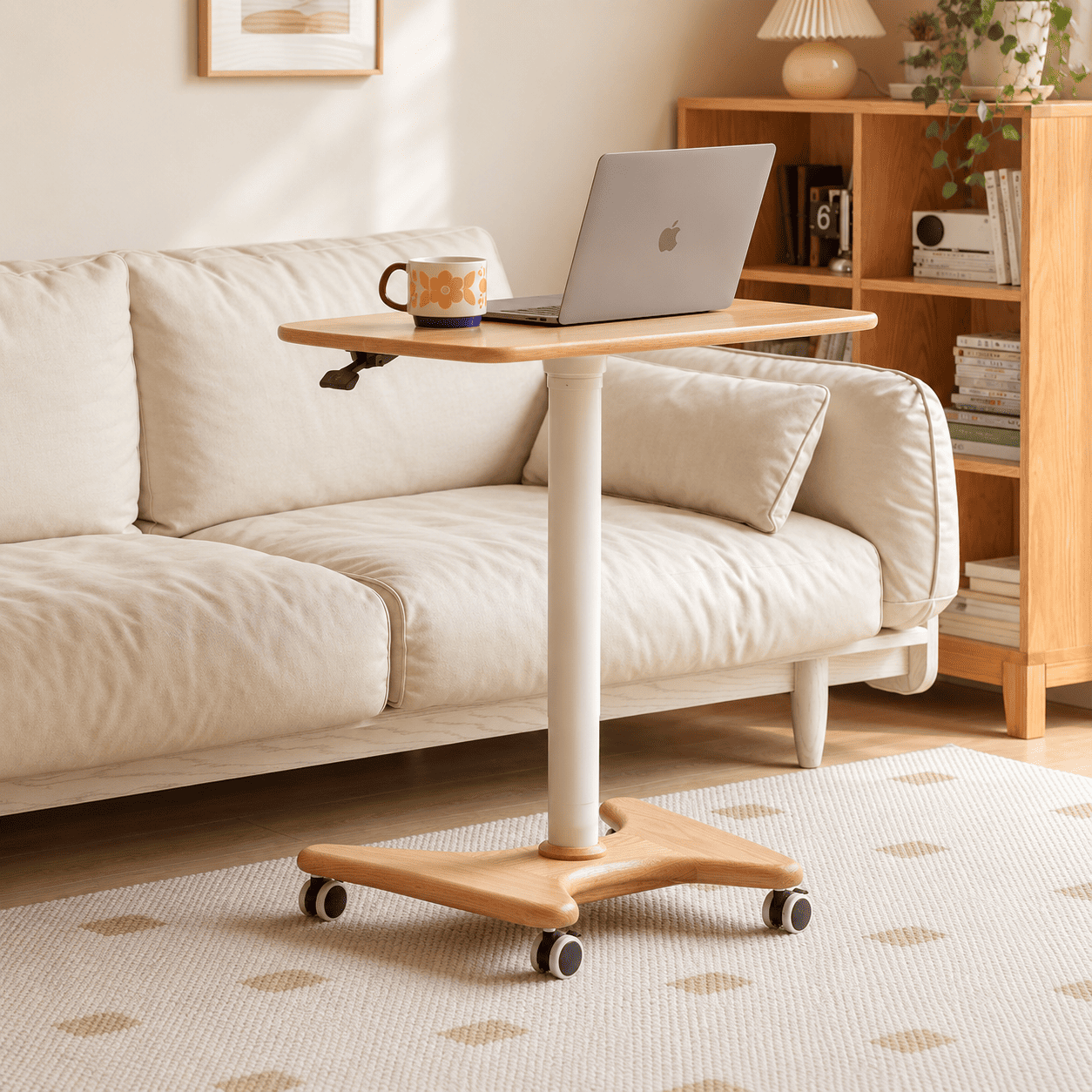 Cary natural solid oak movable desk styled beside a sofa as a compact laptop table